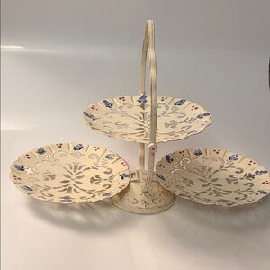 Vintage Three-Tier Folding Decorative Metal Server in Cream with Blue Accents
